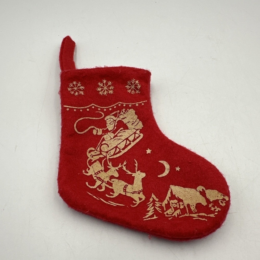 Vtg Style Red Christmas stocking Small Santa Reindeer House Cracker Barrel 5"